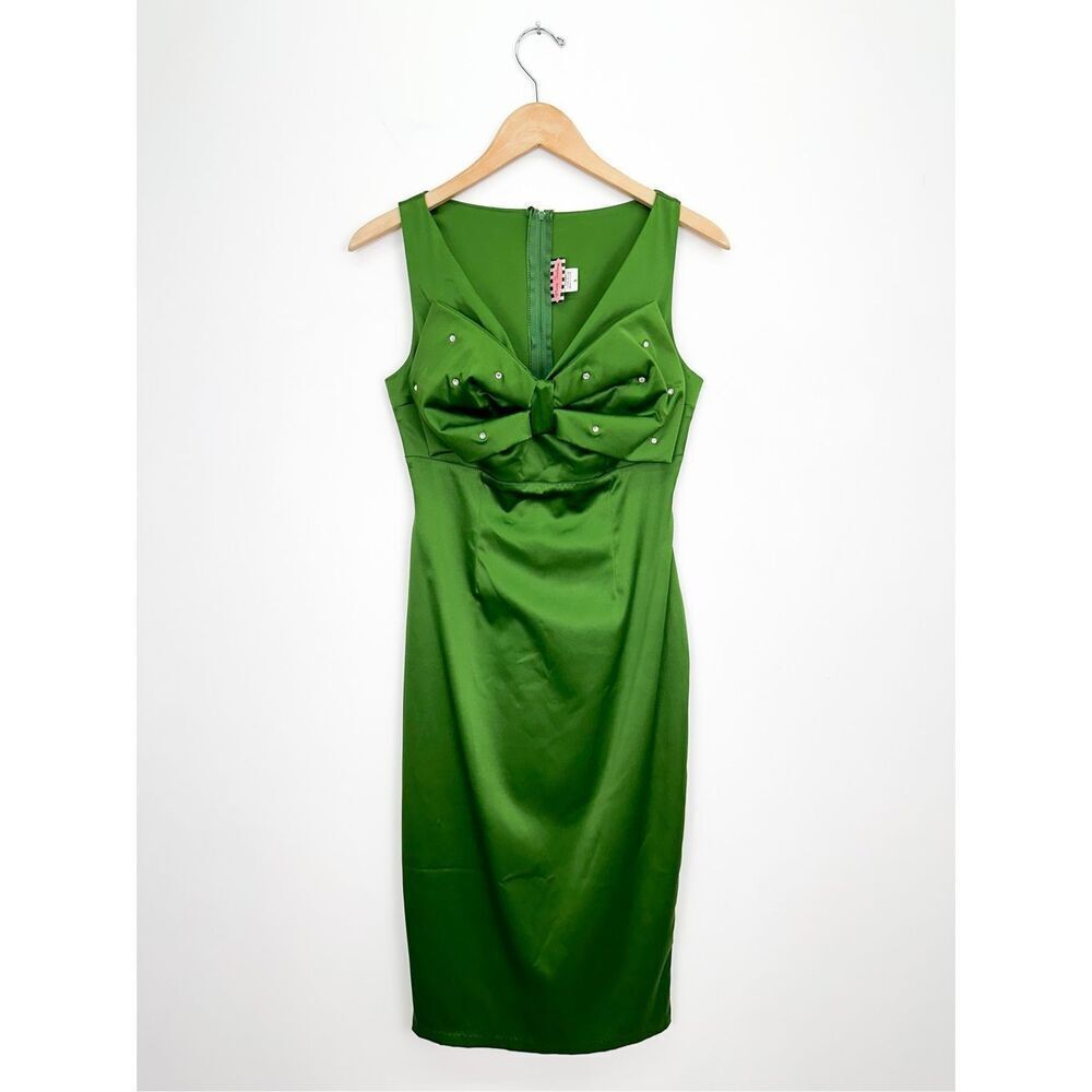 Pinup Couture Women’s Green Satin Rhinestone Bow Fitted Mini Dress